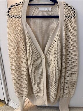 Jonathan Simkhai Cream Open-Knit Button Cardigan Sweater